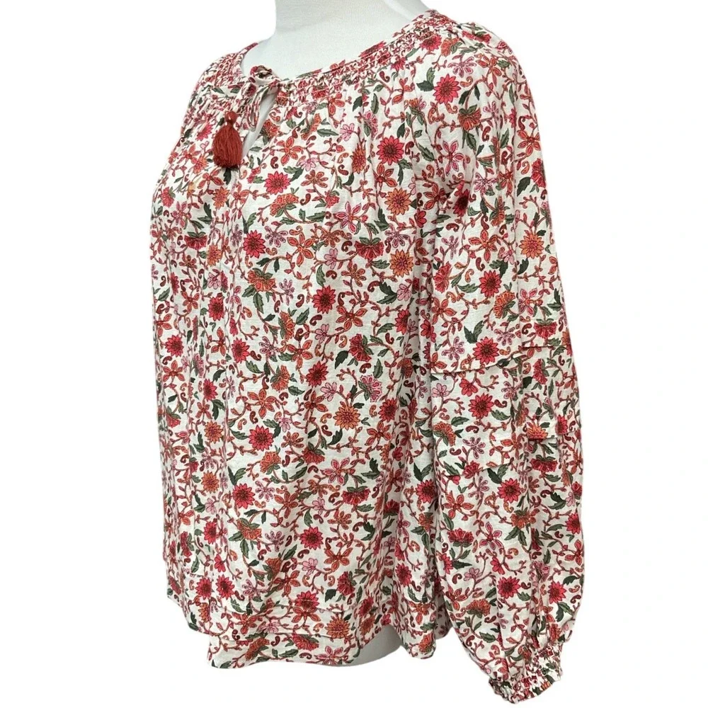 Cottagecore Puff-Sleeve Floral Printed‎ Smocked Poet Swing Oversized Top Size XS